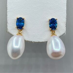 Freshwater Pearl Blue Tanzanite Gold Plated Sterling Silver Drop Earrings